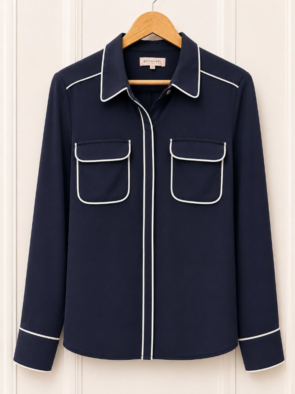 Philosophy Republic Clothing Navy Pajama Style Button Up Shirt Piping L
